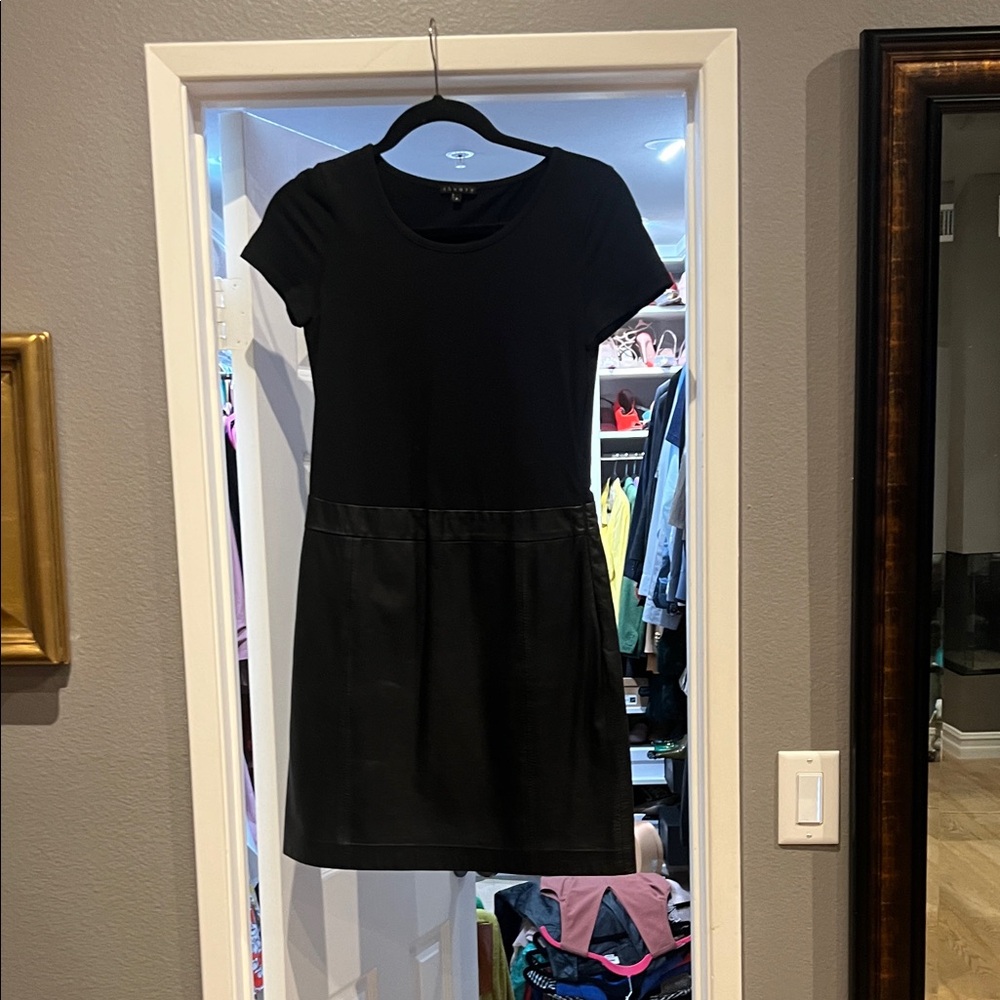 Theory Black mini dress with genuine leather skirt Short Sleeve size 6
